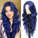 HMHIFI Blue Mixed Black Wigs for Women Long Wavy Blue Wig Natural Middle Part Synthetic Curly Hair Heat Resistant Fiber Hair Replacement Wigs for Daily Party (26'')