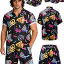 kasahara 80s 90s Outfit for Men Hawaiian Shirt and Shorts Set Mens Summer Beach Vacation Disco Party Outfits with Visor Waist Bag (Black, 2XL)