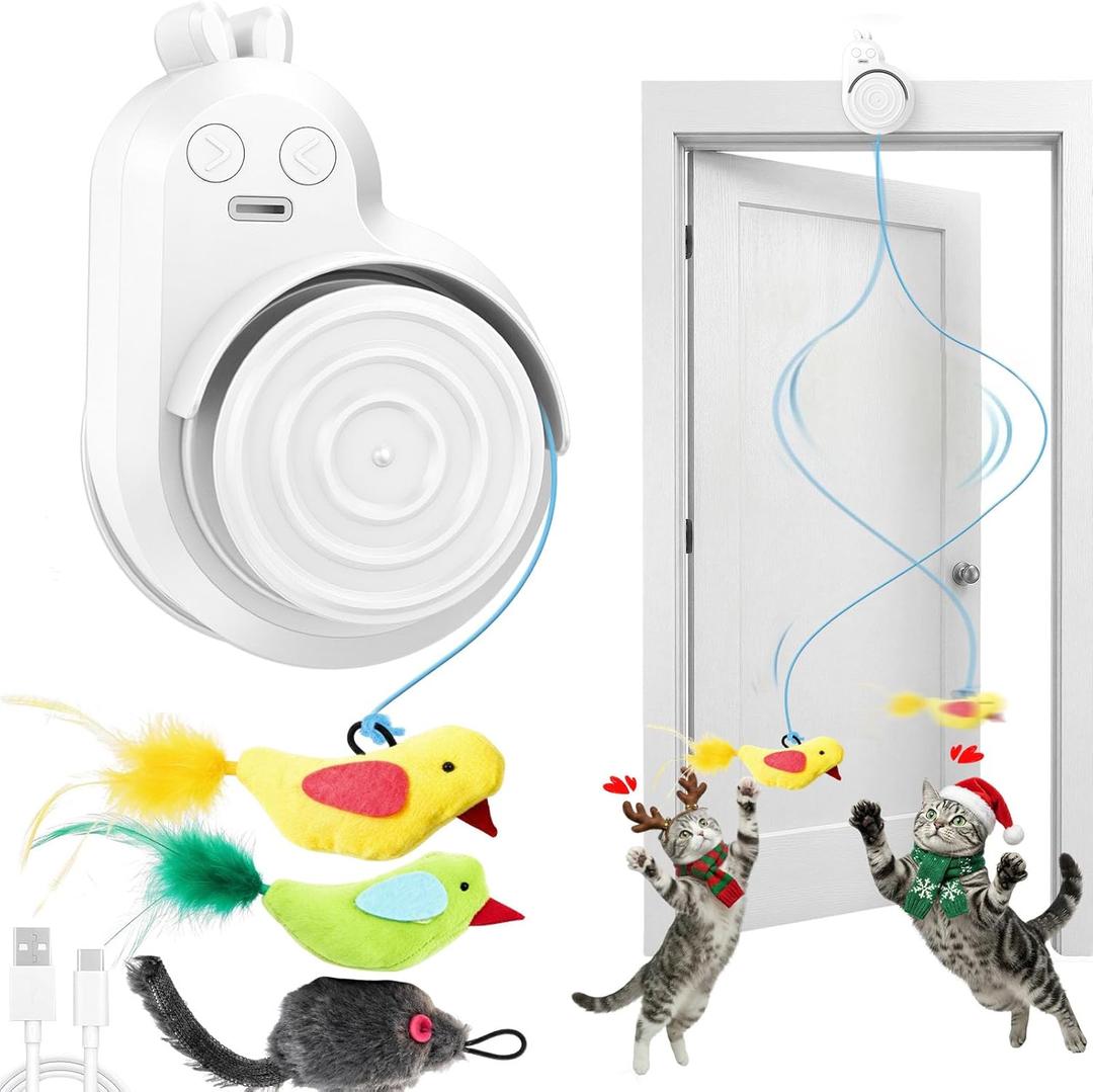 Interactive Cat Toys for Indoor Cats - Automatic Flying Bird Feather & Mouse Wand Enrichment Toy, Hands-Free or Handheld USB-Rechargeable Safe Play Chase Exercise for Bored Kittens and Adult Cats (White)