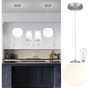 KoKo&Yukina 10 Inch Pendant Light Nickel Globe Pendant Lights Kitchen Island Mid Century Light Fixture Adjustable Globe Cluster Lights with Milky White Glass Shade for Dining Room Living Room
