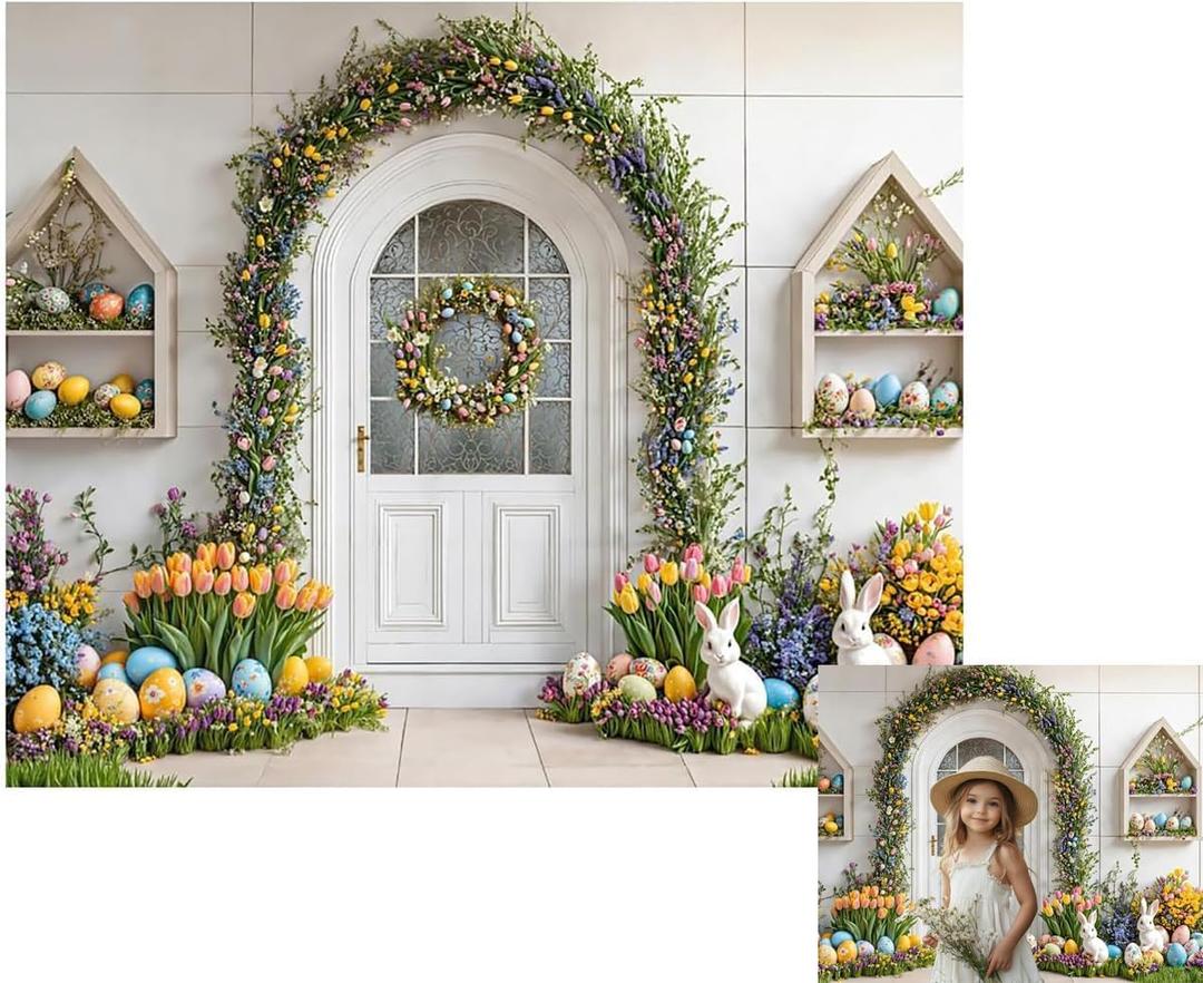 Kate 10x8ft Colorful Easter Eggs Backdrops for Photography White Rabbit with Beautiful Flowers Background Celebrate Easter Holiday Studio Backdrop