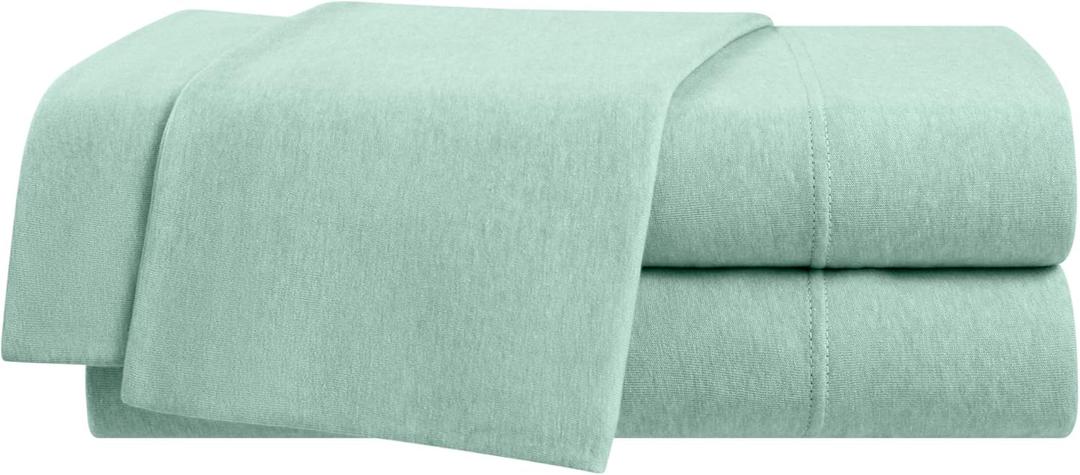 Vellux Solid Jersey Knit 4-Piece Queen Size Sheet Set - Cotton Blend - Solid Sheet Set - Ultra-Soft & Cozy T-Shirt - Bed Sheet Set - Deep Pocket - Easy Care - Grey Sheet Set (Queen, Sage)