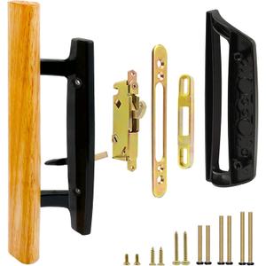 Patio Sliding Glass Door Handle with Mortise Lock 45 Keyway, Non-keyed Oak Wood Inside Handles and Zinc Diecast Outside Pull, 3-15/16" H.C., Non-Handed, Black