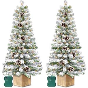 2 Pack 4 Ft Snow Flocked Christmas Entrance Tree, Artificial Xmas Tree with 60 LEDs Warm White Light Battery Operated 140 Branches 14 Pinecone Potted Tree for Outdoor Front Door Porch Home Decoration