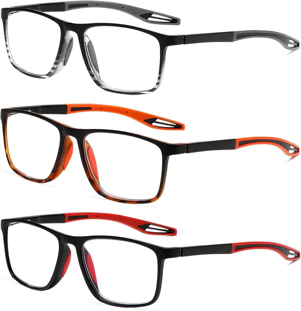 TR90 Sports Style Reading Glasses for Men Anti-Slip 3 Pack Blue Light Blocking Readers Spring Hinge Sturdy (3mix B (Black & Red, Stripe & Grey, Tortoiseshell & Orange))