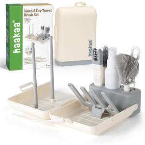 haakaa Travel Bottle Brush Set 7-in-1 Baby Bottle Cleaner Kit with Bottle Brush, 360 Brush, Straw Brush, U-Shaped Brush, Spray Bottle & Drying Rack for Home and Travel