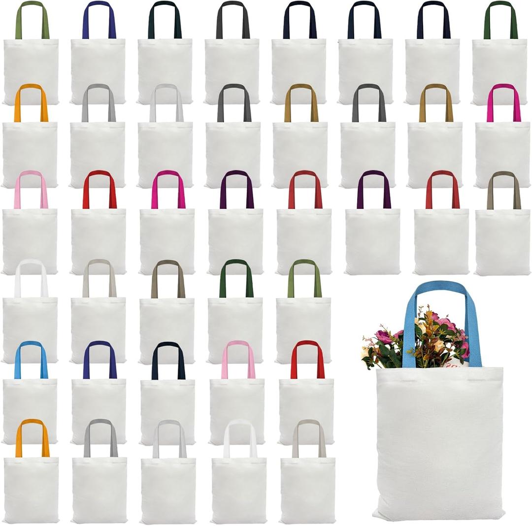 40 Reusable Canvas Tote Bags, Polyester, White, 12x14 Inch, 20 Colored Handles, Sublimation Blank, DIY Crafts, Grocery Shopping, Party Event, Heat Transfer