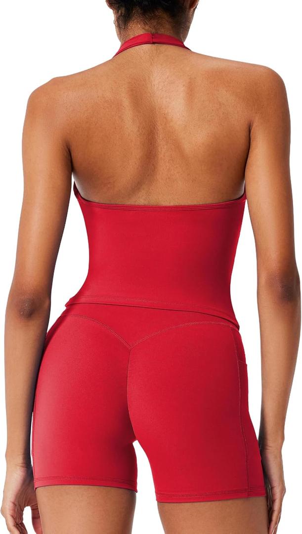 RXRXCOCO Halter Workout Sets for Women 2 Piece V Neck Tank Tops Hidden Scrunch Booty Shorts Gym Outfits with Pockets (Small, Red)