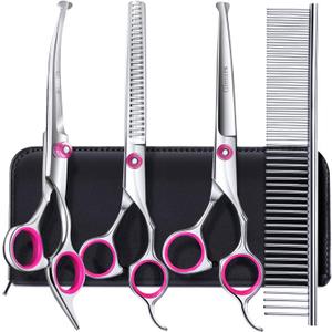 Gimars Dog Grooming Scissors Kit Professional 4CR with Safety Round Tip, 5 in 1 Heavy Duty Titanium Coated Thinning & Curved & Straight Shears