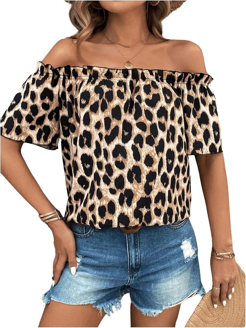 MakeMeChic Women's Off Shoulder Tops Short Sleeve Dressy Casual Spring Summer Blouses Top 2025 (X-Large, Leopard Multi)