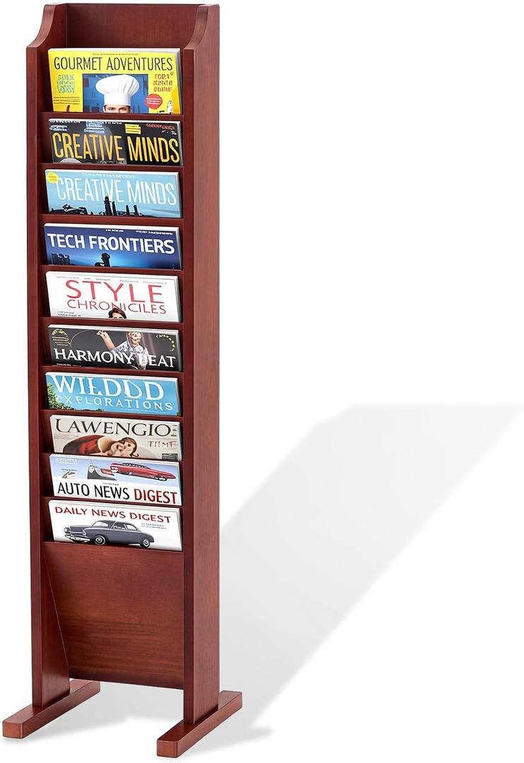 Leinuosen 10-Pocket Wooden Magazine Rack, Tall Freestanding Display Stand for Office, Waiting Room and Home, Durable Solid Wood Construction, Space-saving Design