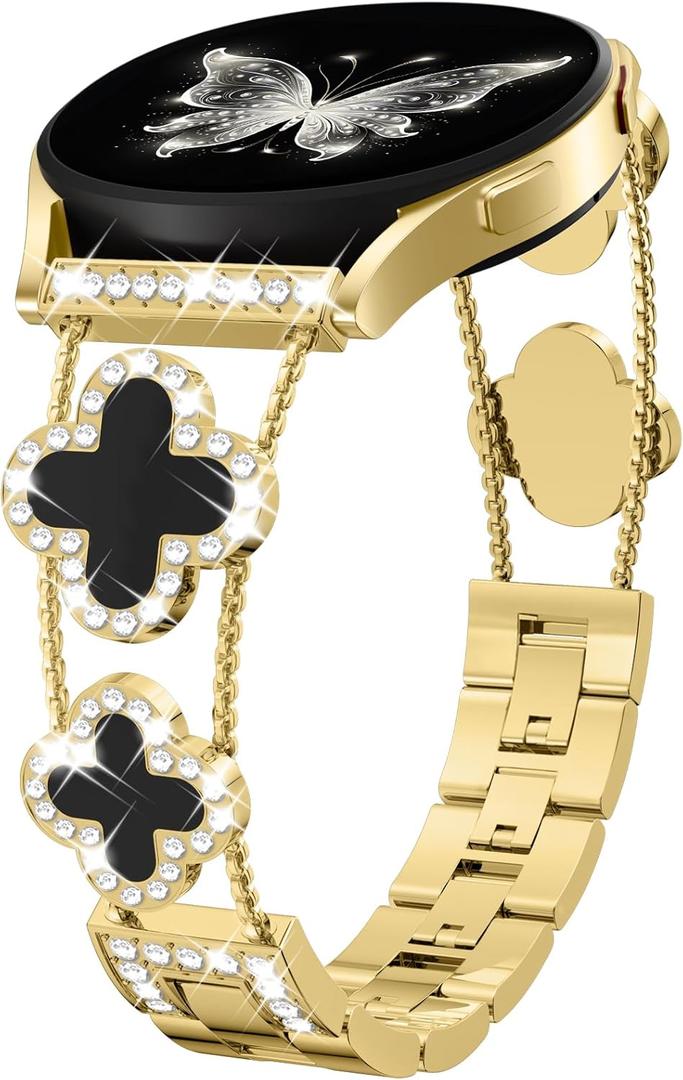 Diamond Metal Band Compatible with Samsung Galaxy Watch 7 6 5 4 40mm 44mm/for Galaxy Watch 6 4 Classic 42mm 46mm 43mm 47mm/Watch 5 Pro 45mm/Active 2,20mm Stylish Clover Sparkle Wristband Women (Gold/Black)