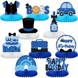 SATINIOR 10 Pcs Boy Table Centerpieces Boss Party Decorations Happy Birthday Boys Leader Blue Honeycomb Centerpieces Boss Cake Topper for Shower Newborn Day Party Supplies