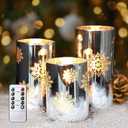 MELTONE Snowflake Holiday Flameless Candles: Real Wax Flickering Battery Operated Glass LED Candles with Remote - Home Xmas Party Christmas Decor - Set of 3