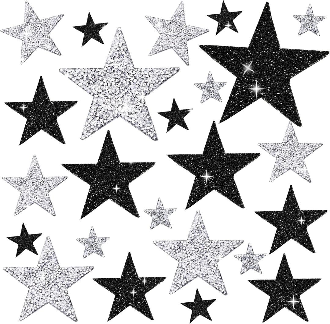 24 Pieces 4 Sizes Iron On Star Patches Adhesive Star Patches Star Shape Rhinestone Appliques Patch DIY Accessory for Clothing Jeans Bags Hats Repair Decoration (Black, Silver)
