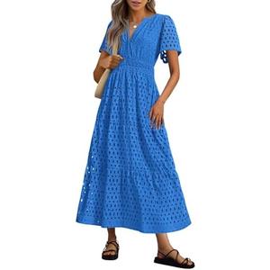 PRETTYGARDEN Womens 2025 Summer Maxi Dress Short Sleeve V Neck Hollow Out Eyelet A Line Long Flowy Beach Vacation Dresses, Small