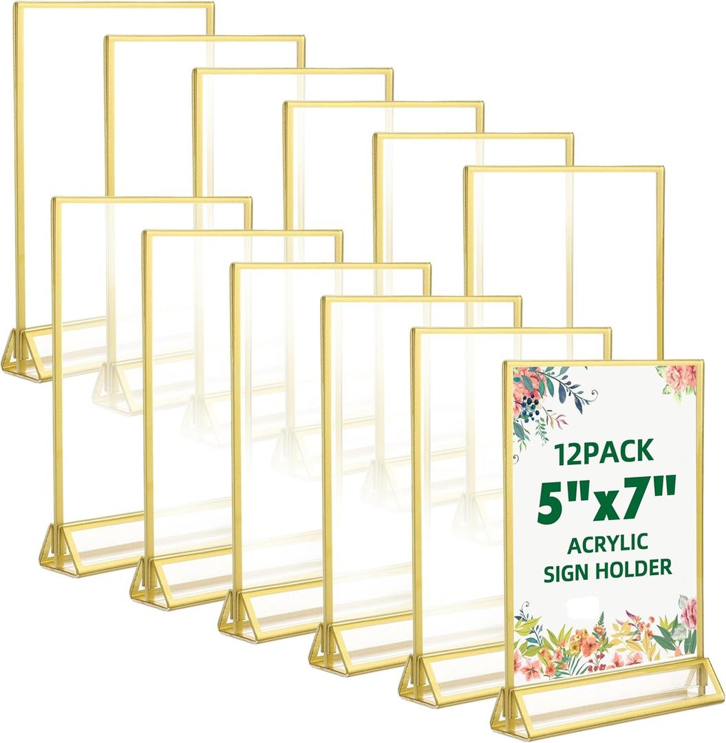 TonGass 12-Pack 5"x7" Gold Acrylic Picture Frames  3mm Gold Border Wedding Table Number Holders, Clear Double-Sided Acrylic Sign Holders for Weddings, Banquets, Parties, Centerpieces