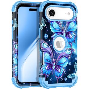LONTECT for iPhone Air Case Glow in The Dark Three Layer Heavy Duty Shockproof Hard PC+Soft Silicone Rugged Full Body Protective Case for Women Girls,Sky Blue