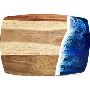 Acacia Wood Cutting Board with Resin Wave Design, Versatile Kitchen Chopping Board for Meat, Vegetables, Fruits, Cheese & Charcuterie, Blue Ocean Vibes Elegant Serving Tray, 14x9.8 Inches