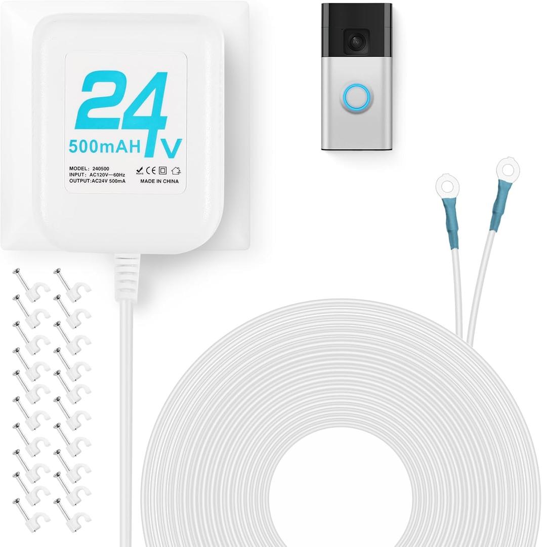 24V Doorbell Transformer, AC Adapter for All Ring Video Doorbell Versions, 16.4ft Doorbell Power Supply, Power Cable Compatible with Ring, Nest, Wyze, and Eufy Doorbells (White)