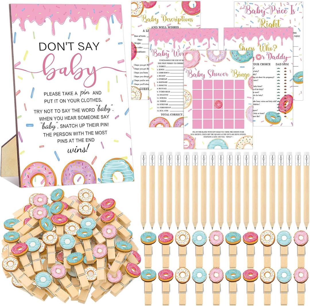 Patelai 321 Pcs Baby Sprinkle Decorations for Girl Sprinkled Baby Shower Donut Games Bingo Price Don't Say The Word Who Mom Clothespin for Pink Blue Sprinkle Donut Gender Reveal Party Decor Supplies