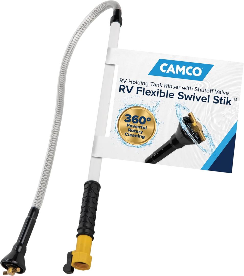 Camco RV Holding Tank Swivel Stik Rinser - Features Powerful Rotary Cleaning Action & 34-Inches of Flexible Reach - Equipped with 1/4 Turn Shutoff Valve & Ergonomic Easy Grip Handle 