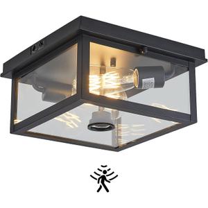 Adjustable Motion Sensor Ceiling Light Fixture Outdoor Modern Design of Squares Flush Mount 2-Light Textured Black with Clear Glass for Your Porch,Garage,Patio,Hallway,Front and Back Yards