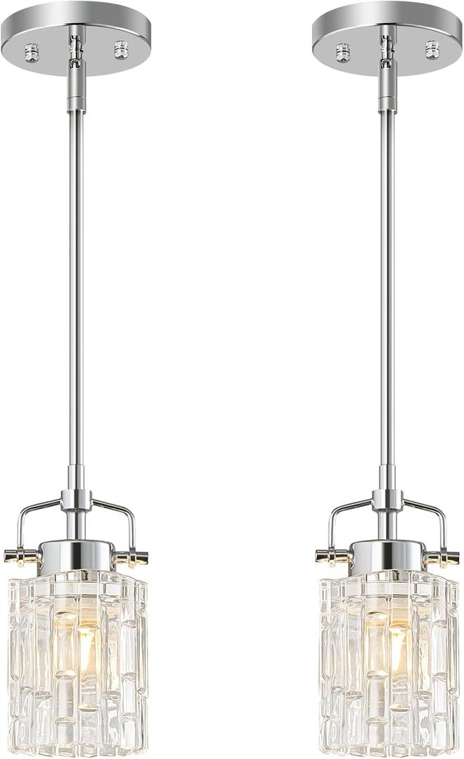 Pressed Glass Pendant Lights Kitchen Island 2-Pack Metal Suspension Pole Chrome Pendant Light Modern Farmhouse Pendant Lighting for Bedroom Bathroom Sloped Ceiling Light Fixture