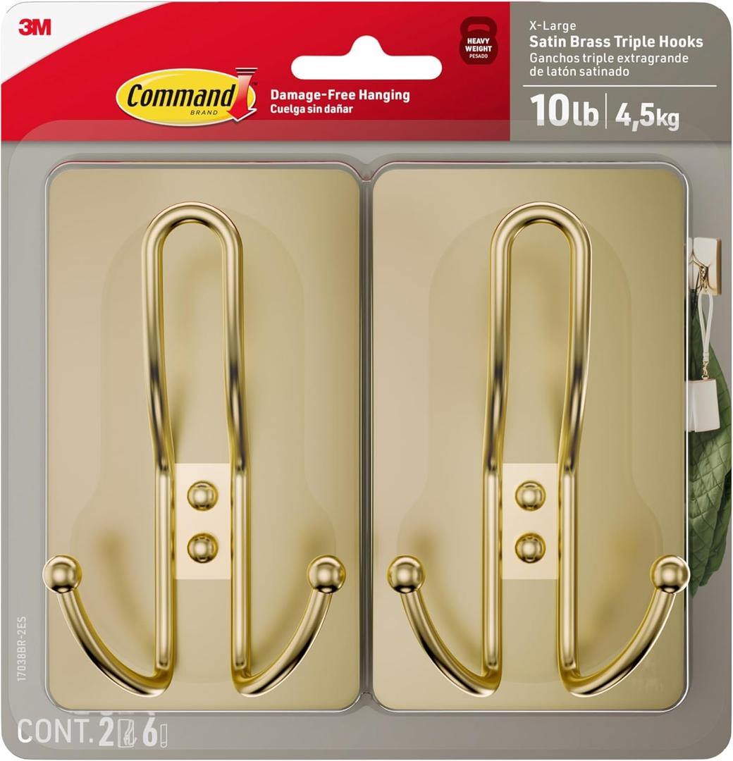 Command X-Large Satin Brass Triple Hook, 2 Hooks, 6 Strips, Damage-Free Hanging with Adhesive Strips, No Tools Wall Hook for Hanging Decorations in Living Spaces