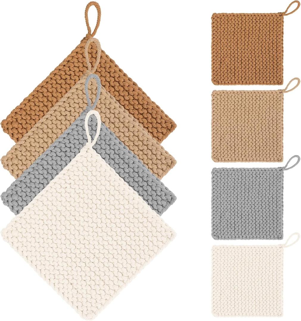 Breling 8" Thick Crocheted Pot Holders Neutral Square Cotton Woven Coasters Hot Pads Heat Resistant Handmade Place Mats for Home Dining for Tea Cups, Pots, Drinks and Hot Dishes