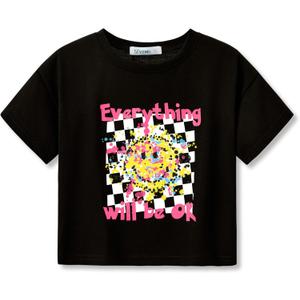 Stylish Graphics Bright Base Color - Cute Crop Top for Little & Big Girls - Summer T-Shirt Clothes Tween Size 6-18 (10, Black Face)