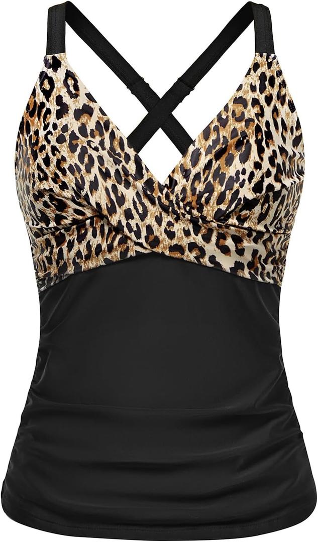 Women Underwire Tankini Top Only - Twist Front V Neck Bathing Suit Swim Top Tummy Control Cross Swimsuit 2025 Black Leopard XL
