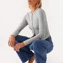 ICNGLKSND Women Long Sleeve Button Front Knit Crop Tops Front Split Crewneck Slim Fit Sexy Crop Tee Short Shirt Blouse (Gray, S)