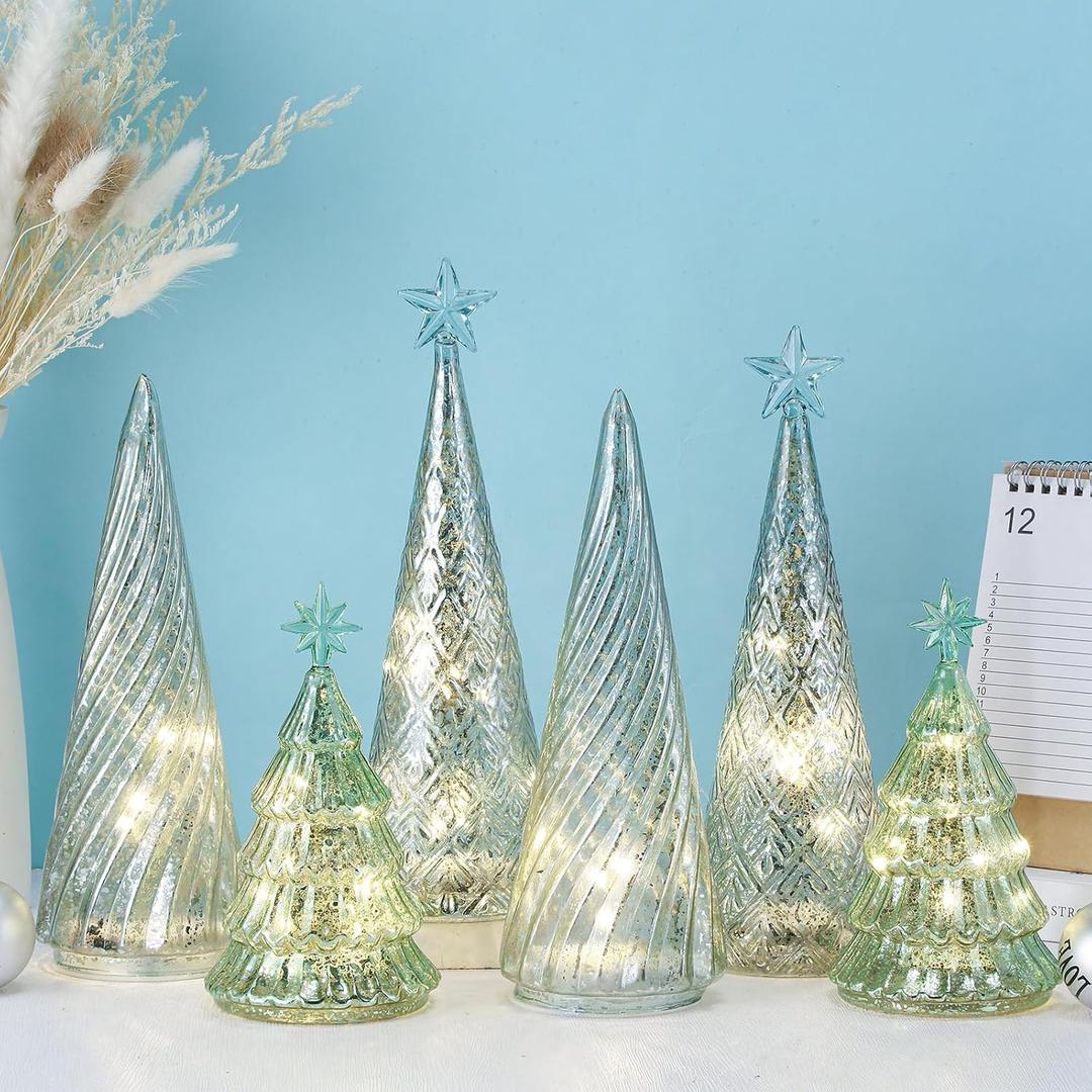 Set of 6 Illuminated Mercury Glass Christmas Tree Tabletop Tree Figurines with LED Lights Battery Operated Lighted Christmas Table Centerpieces for Indoor Fireplace Mantel Decorations(Modern)