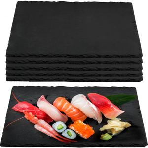 PINGEUI 6 PCS Black Slate Cheese Board - 12 x 8 Inches Rectangular Stone Serving Plates With Natural Edge, Modern Platter Tray Cutting Board for Appetizer, Sushi, Charcuterie