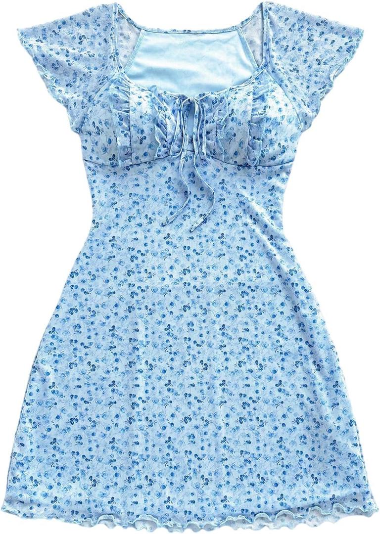 WDIRARA Women's Floral Square Neck Ruffle Sleeve Dress Vacation Short Dresses (M)