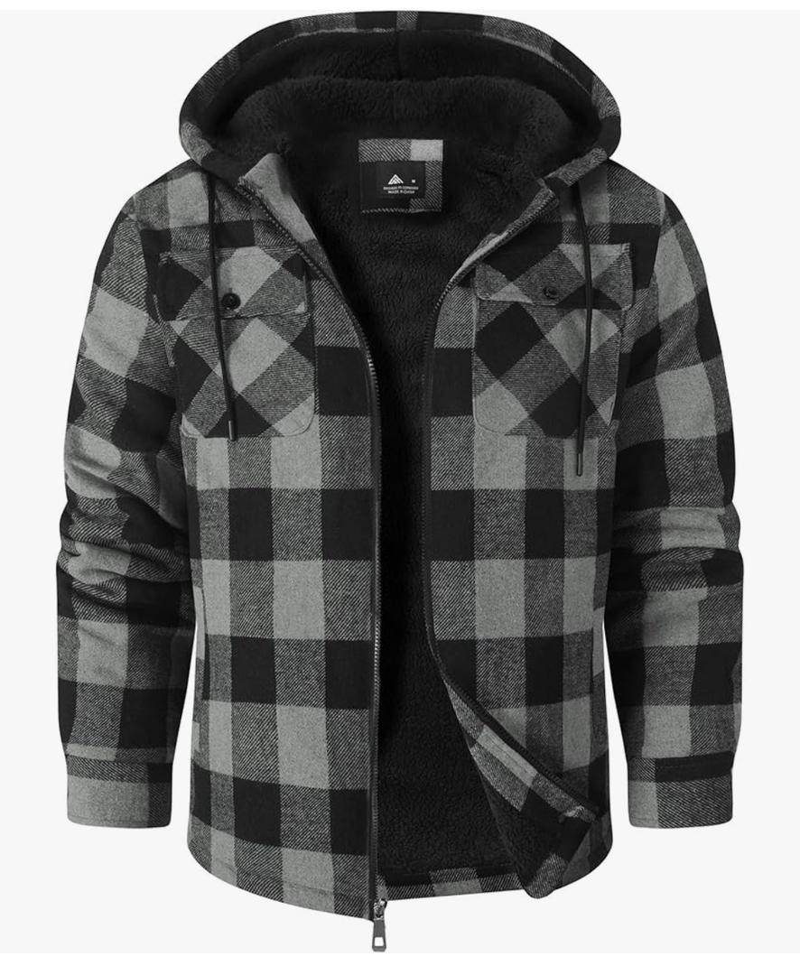 ZITY Men's Flannel Hooded Jacket Fleece Sherpa Lined Plaid Shirts Jackets Zip Up Sweatshirt Hoodies for Men with 4 Pockets. Size XXL