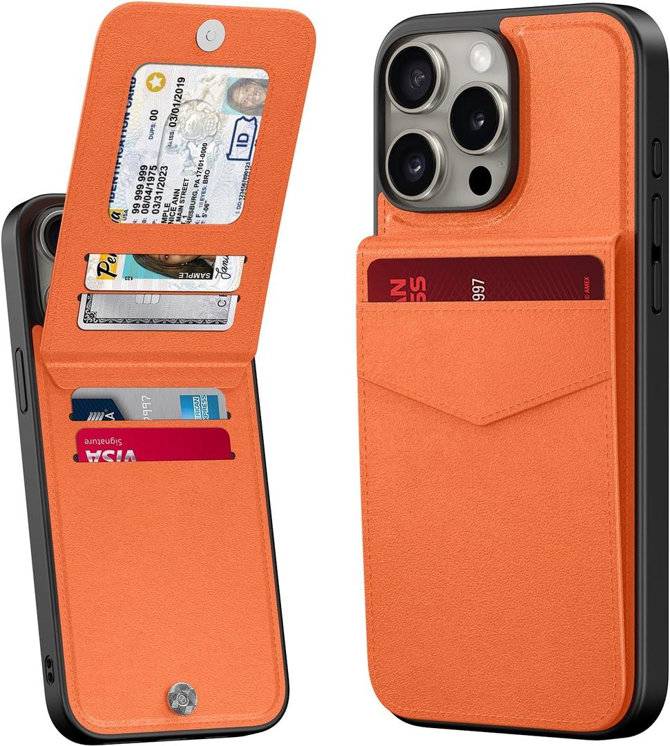 Bemal for iPhone 13 Pro Max Wallet Case, Built-in Card Holder, RFID Blocking, PU Leather Kickstand, Magnetic Closure, Durable Shockproof Phone Cover for Women and Men, Orange