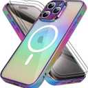 Bonoma for iPhone 15 Pro Case Magnetic Support for Magsafe Bling Laser Iridescent Florescent Crystal Luxury Camera Protector + 2* Screen Protector Shockproof Edge Cover -Purple