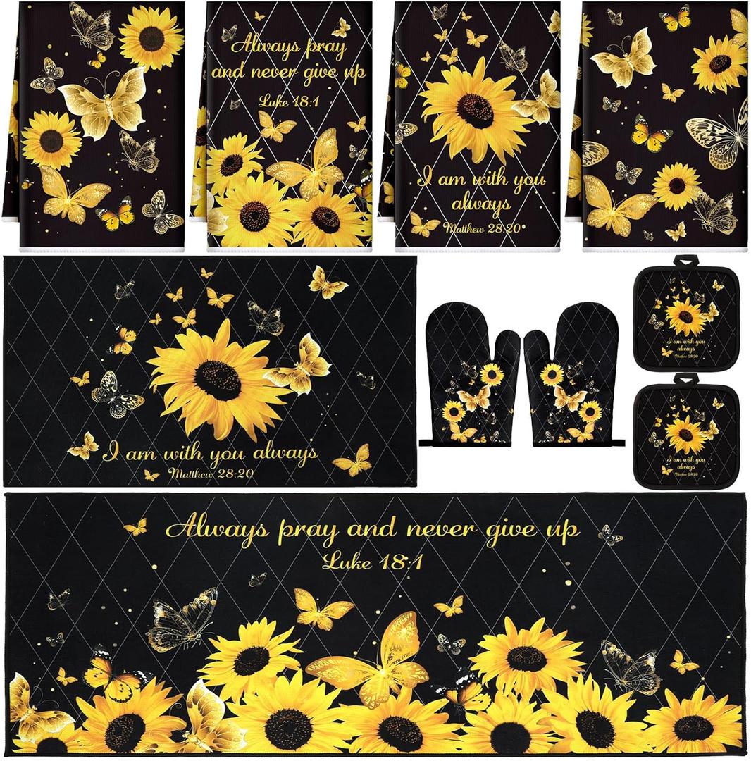 10 Pcs Sunflower Butterfly Kitchen Dish Towels Rugs Oven Mitts and Pot Holders Set Farmhouse Kitchen Decor Set for Women Mom Daughter Gift Cooking Baking Grilling (Bright Black)