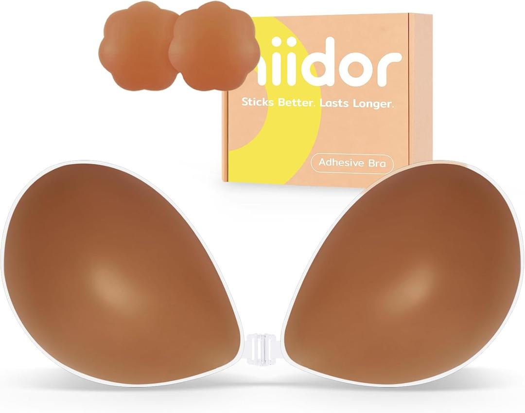 Niidor Adhesive Bra Strapless Ultra Sticky Invisible Push up Silicone Bra Multiple Colors Sizes Reusable for Backless Dress (Beige, M)