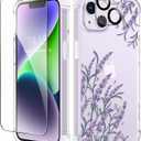 GVIEWIN for iPhone 14 Case Floral, with Screen Protector & Camera Lens Protector, [Non Yellowing] Soft Shockproof Clear Phone Protective Cover for Women, Flower Pattern Design 6.1" (Daphne/Purple)