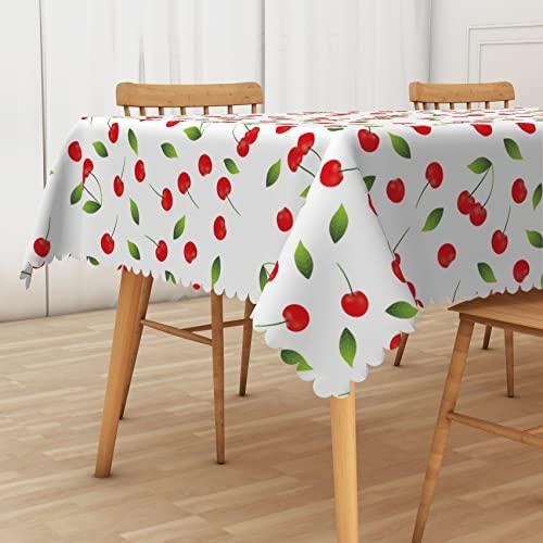 SIEDYCV Red Cherry Tablecloth, 60x120 Inch Spring Fruit Green Leaves White Polyester Fabric Rectangle Table Cloth,Waterproof Table Cover for Dining Kitchen Outdoor Picnic Theme Birthday Party Decor
