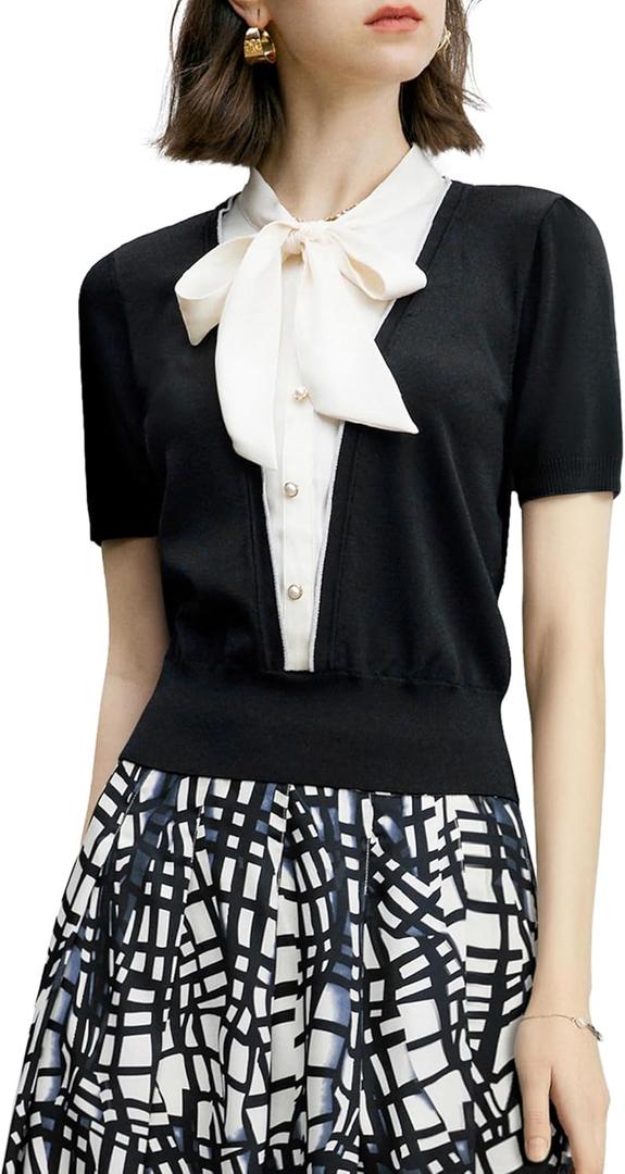 Women's Black and White Color Block Knit Short Sleeve T-Shirt, Faux Two-Piece Design with Pearl Button, Elegant, XL