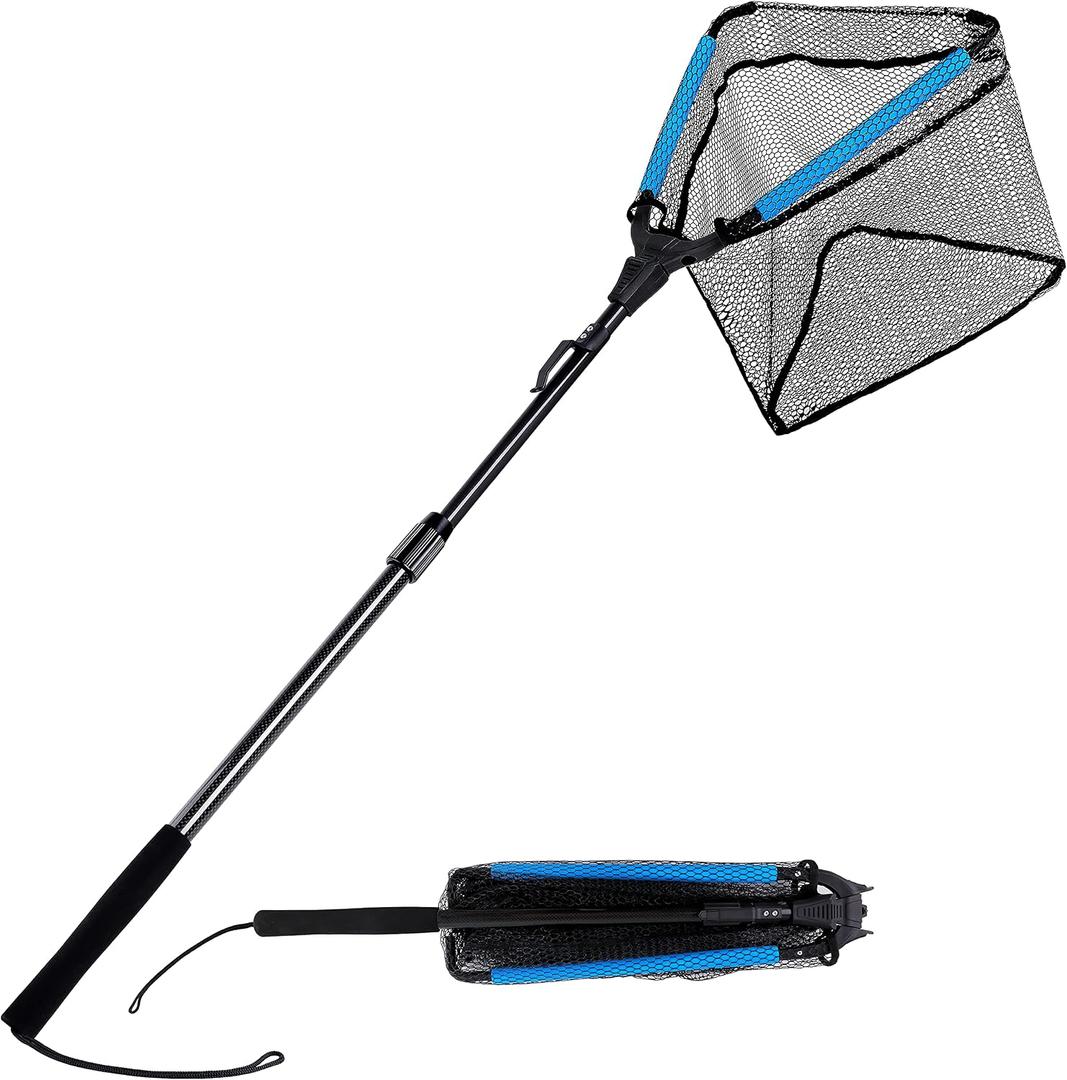 PLUSINNO Fishing Net Fish Floating Landing Net, Kayak Nets with Fixed Foldable Telescopic Pole Handle, Bass Trout Fishing Nets with Nylon Mesh for Pond Lake River, Fishing Gear Gifts for Men Anglers