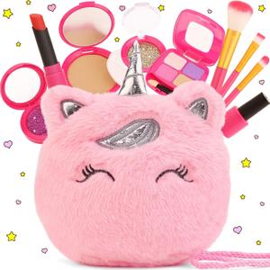 Pretend Makeup Kit for Toddlers Girls Toys Age 3 4 5 6 7 8 Years Old Gifts, Fake Play Makeup Set for Kids Toy 3-5 4-6, Unicorn Princess Little Girl Purse with Make up, Valentines Gifts for Girls