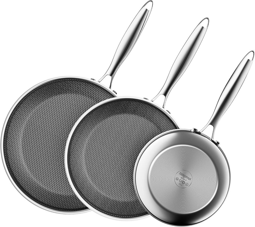 Non Stick Frying Pan Set,Hybrid Nonstick Frying Pan 3 Piece,8,10 &12 Inch Stainless Steel Pans,PFAS PFOA PTFE Free,Stay-Cool Handle,Dishwasher-Friendly,Oven-Safe,Compatible with All Cooktops