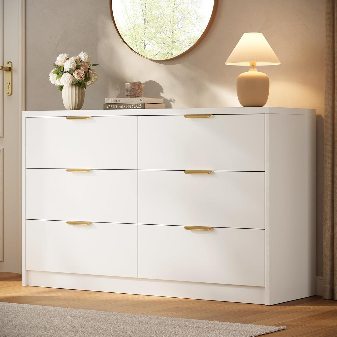 MapleGrace 53" Wide 6 Drawer Dresser for Bedroom, Modern Simple Wood Dresser Chest of Drawers Closet Store Organizer for Living Room, Hallway (White, 15.4" D x 53.1" W x 30.9" H (6 Drawers))