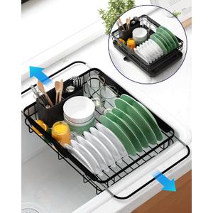 Kitsure Dish Drying Rack for Kitchen Counter, Stainless Steel Sink Organization and Storage Essentials with Cutlery Holder, Home and Appartment Decor, 12.2''W x 15.7''~23''L, Black