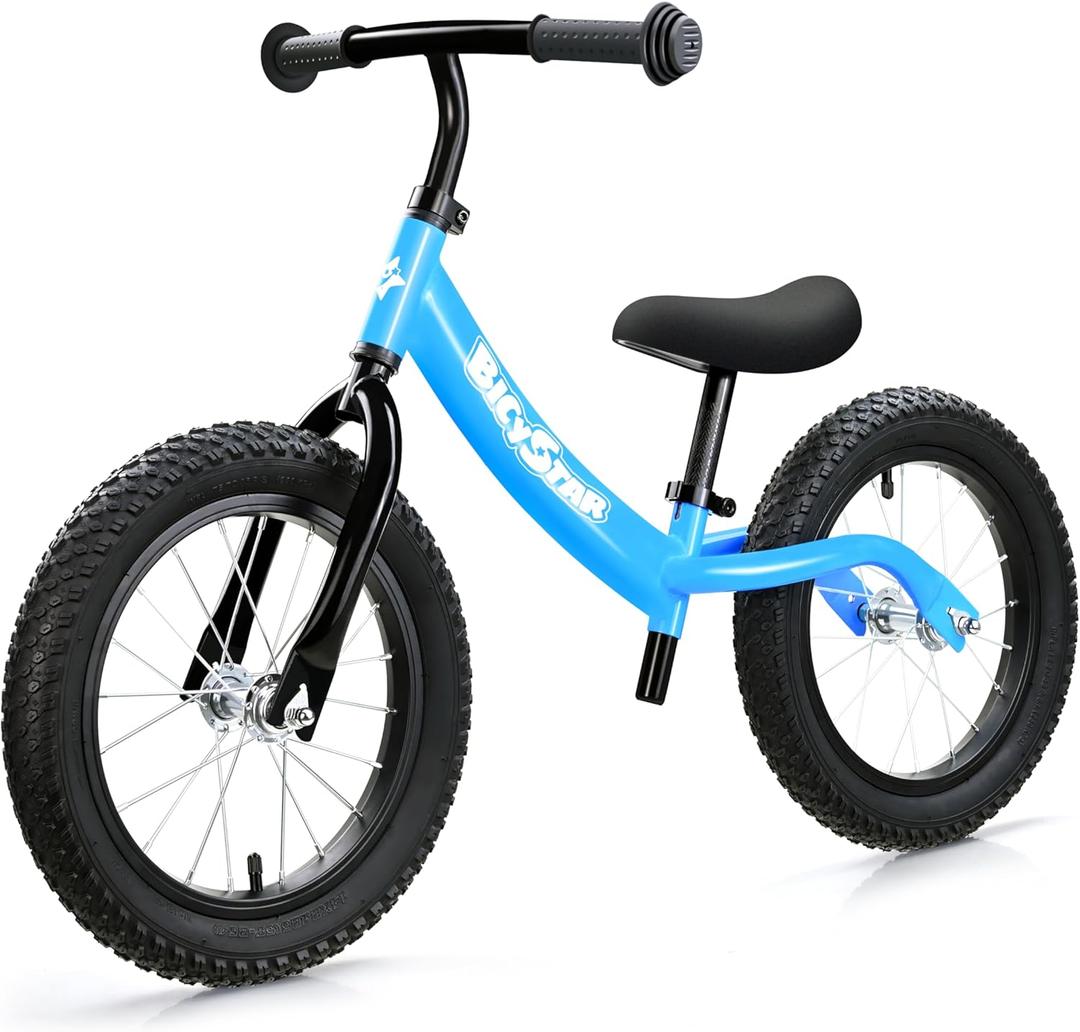 bicystar 14 Inch Toddler Balance Bike for 3-6 Year Old, Real Rubber Air Tires, No Pedal Kids Bike with Adjustable Seat & Handlebar, Footrest, Gift Bike for 3-5 Boys Girls, Blue